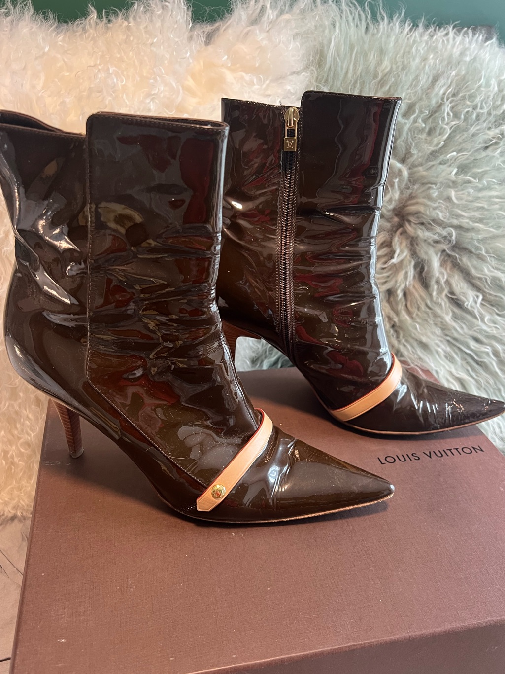 Louis Vuitton Dark Brown Patent Leather Pointed Ankle Boots With Light Tan Strap